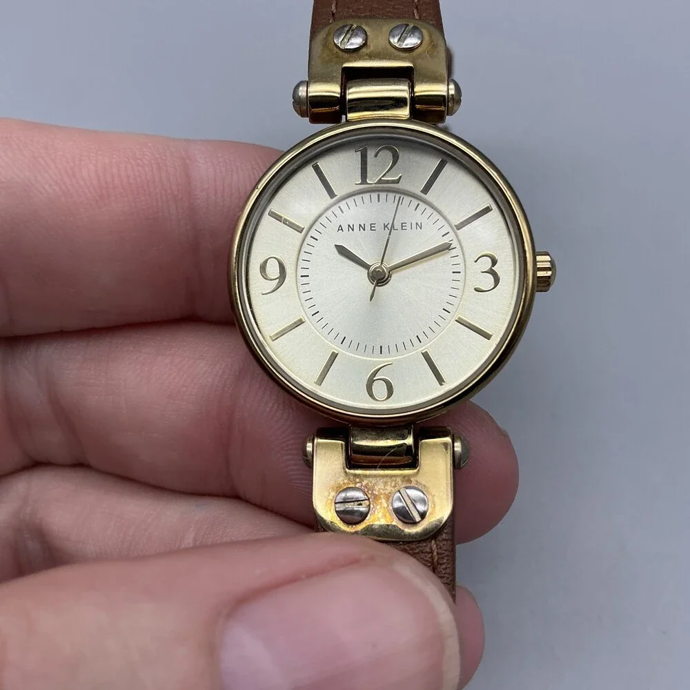 Anne Klein Womens Watch 26mm Gold Tone Brown Leather Band New Battery